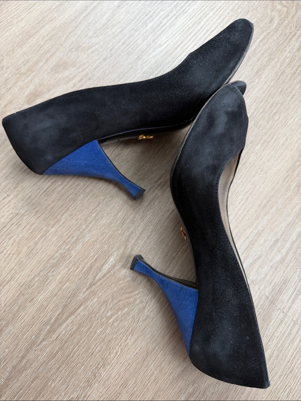 Prada Black Suede Peep Toe Pumps Blue Heels Size 39.5
